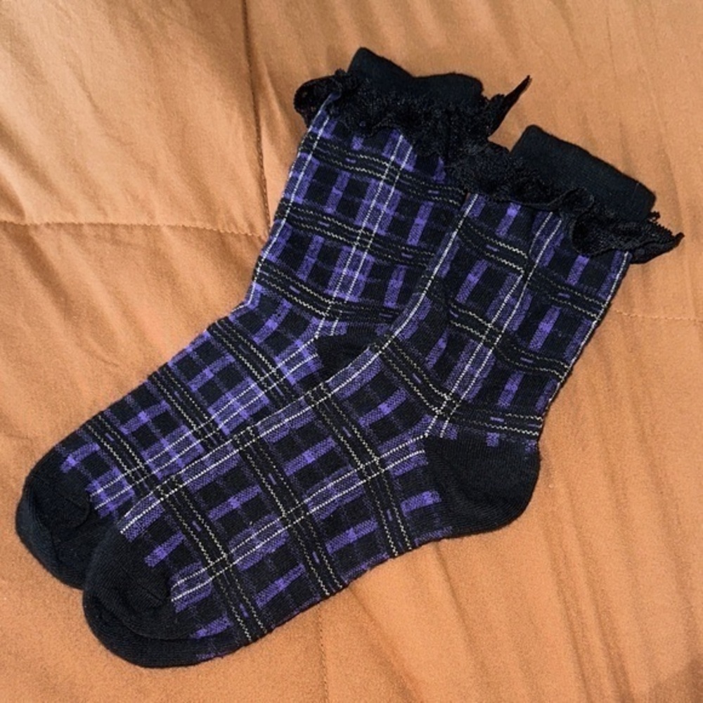 Killstar Black and Purple Tartan Socks with Lace - Picture 3 of 3